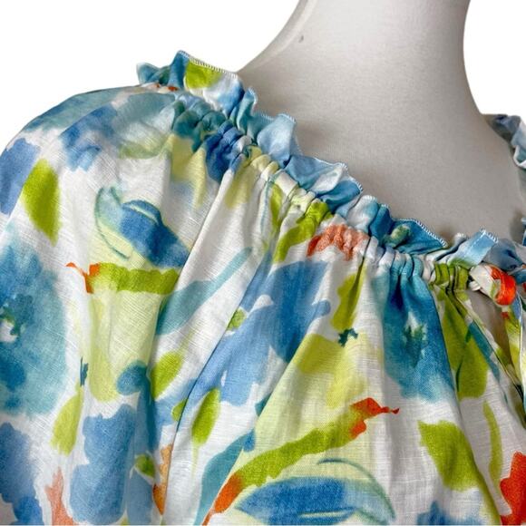 Hester & Orchard Top Linen Cotton Tie Neck White Multi Floral Women’s Size Small - Picture 7 of 10